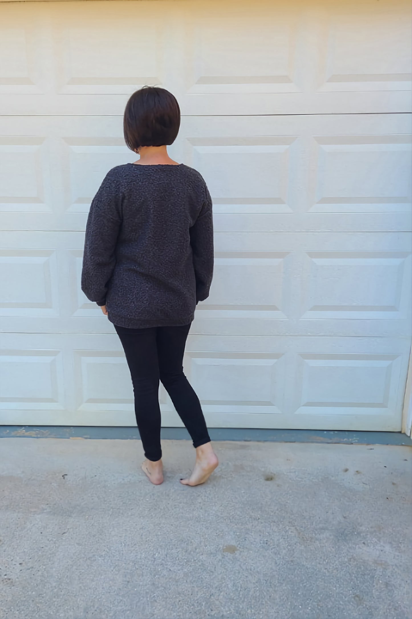 Balloon Sleeve Boucle Top in Charcoal