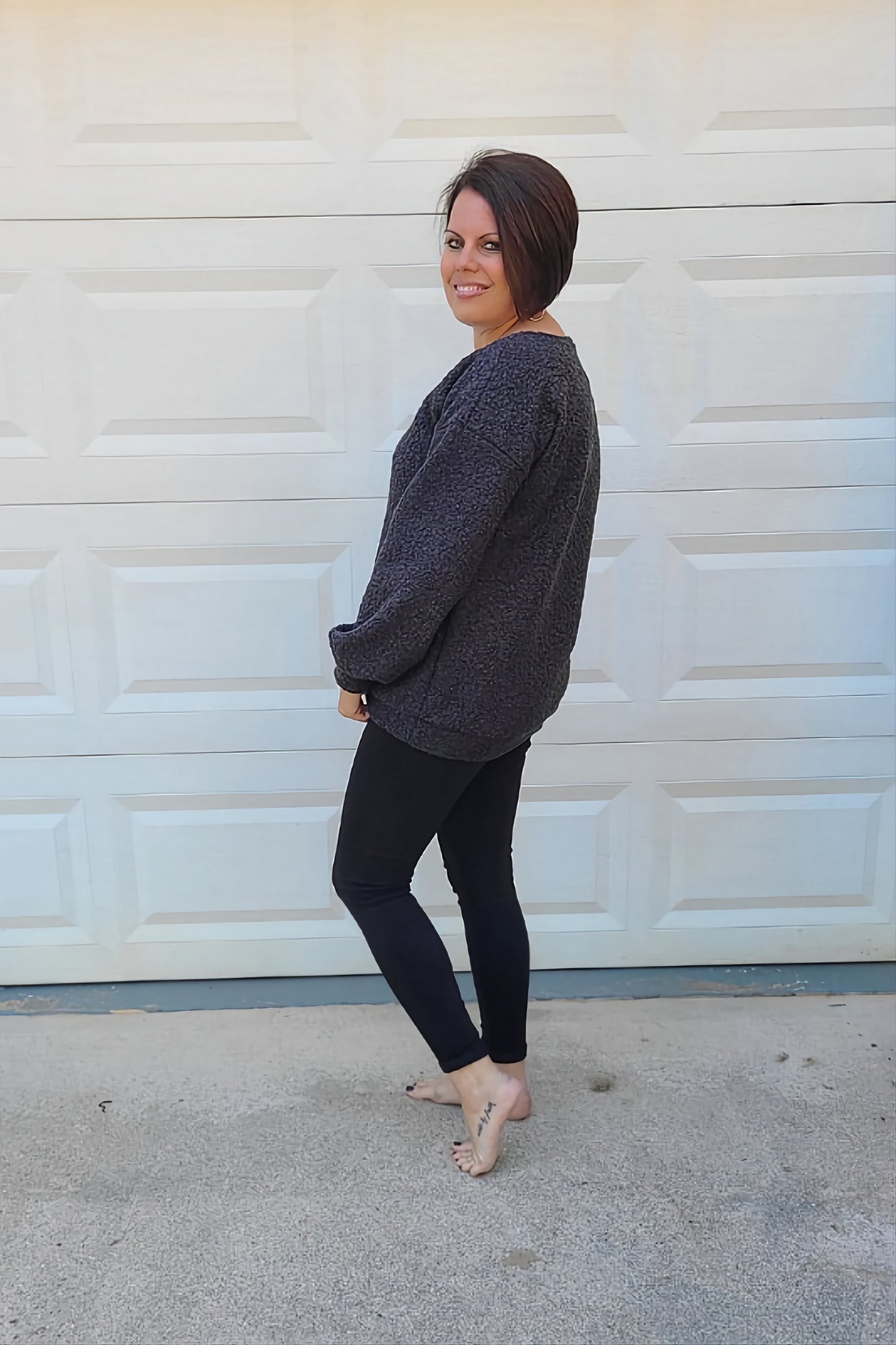 Balloon Sleeve Boucle Top in Charcoal