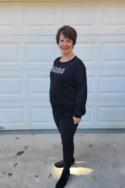 Leopard "Mama" Printed Pullover Top in Black