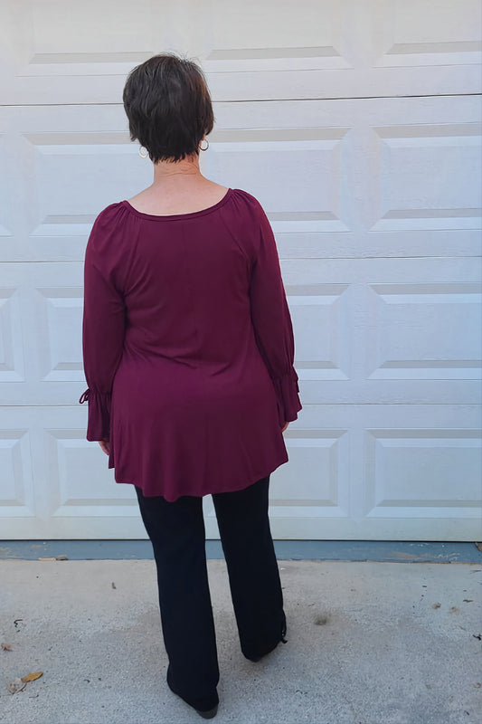 Long Flare Cuffed Sleeve Swing Top in Burgundy