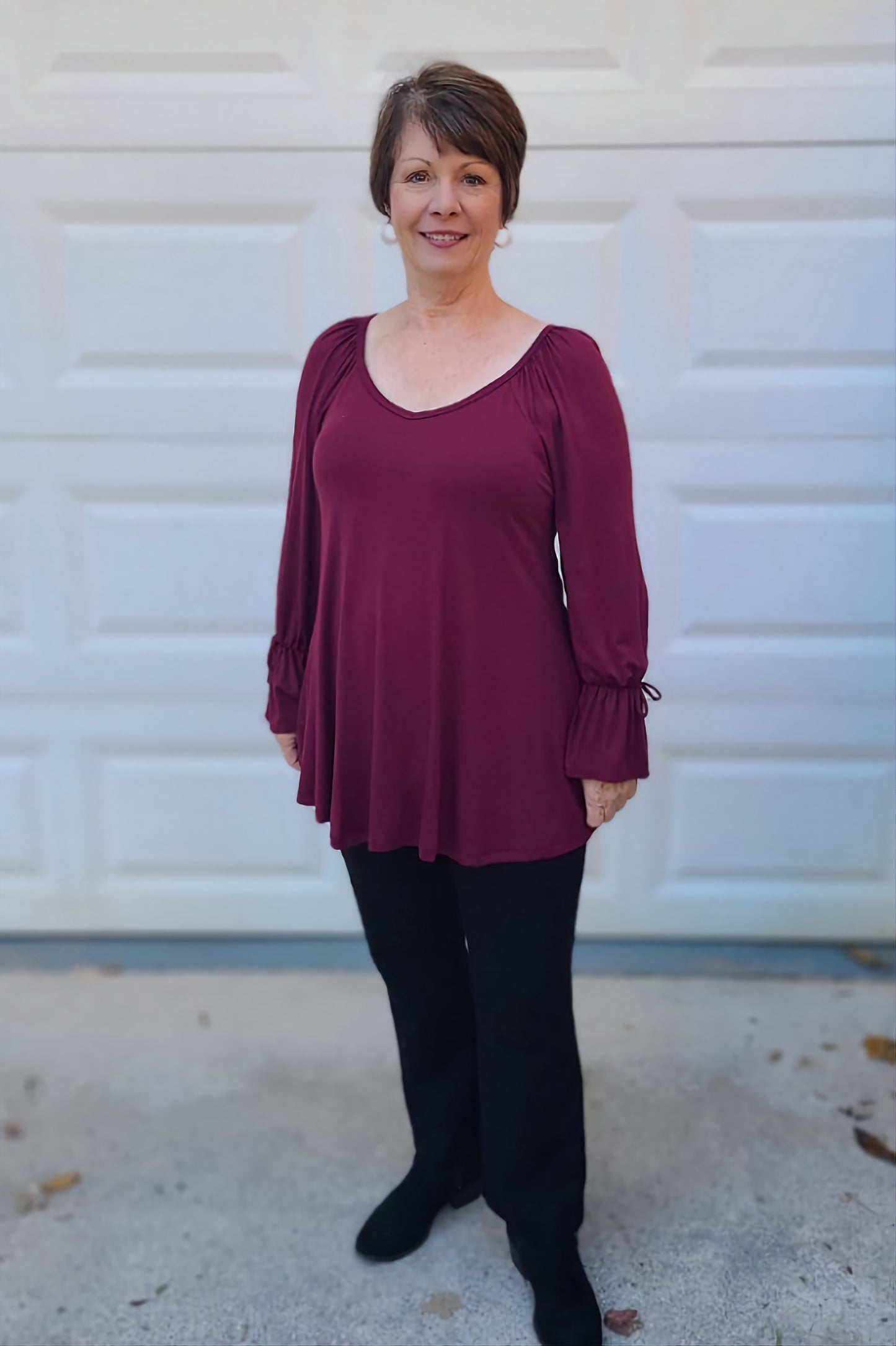 Long Flare Cuffed Sleeve Swing Top in Burgundy
