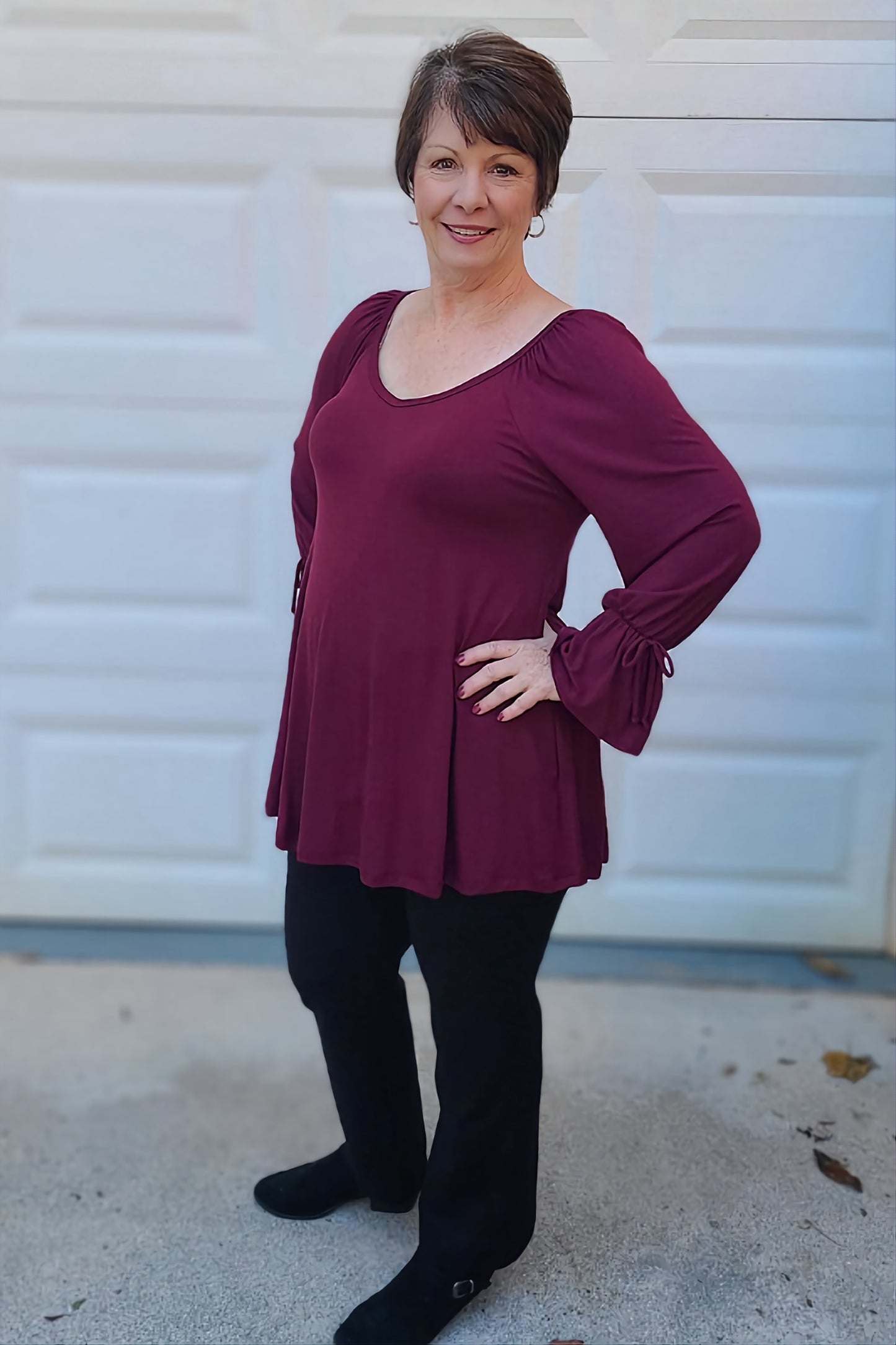 Long Flare Cuffed Sleeve Swing Top in Burgundy