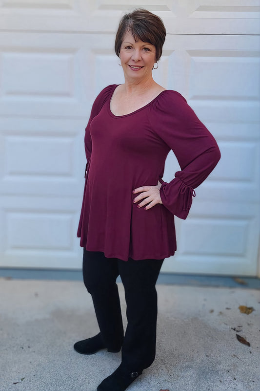 Long Flare Cuffed Sleeve Swing Top in Burgundy