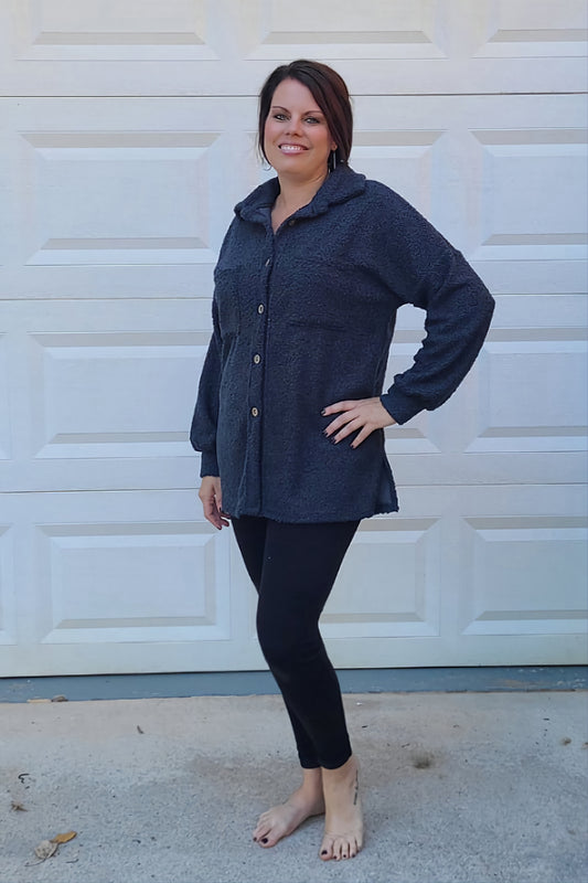 Poodle Fleece Shacket in Charcoal