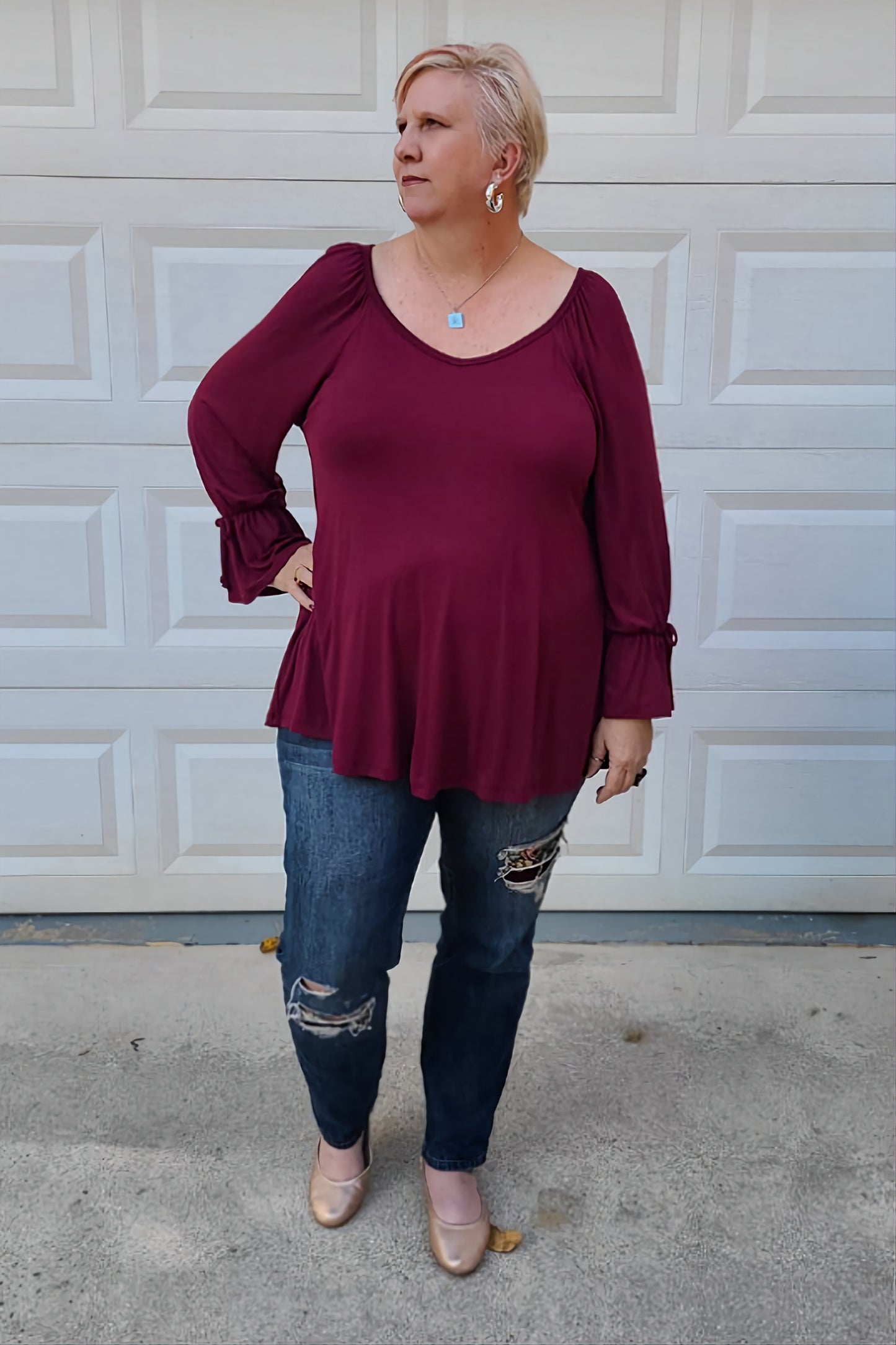 Long Flare Cuffed Sleeve Swing Top in Burgundy