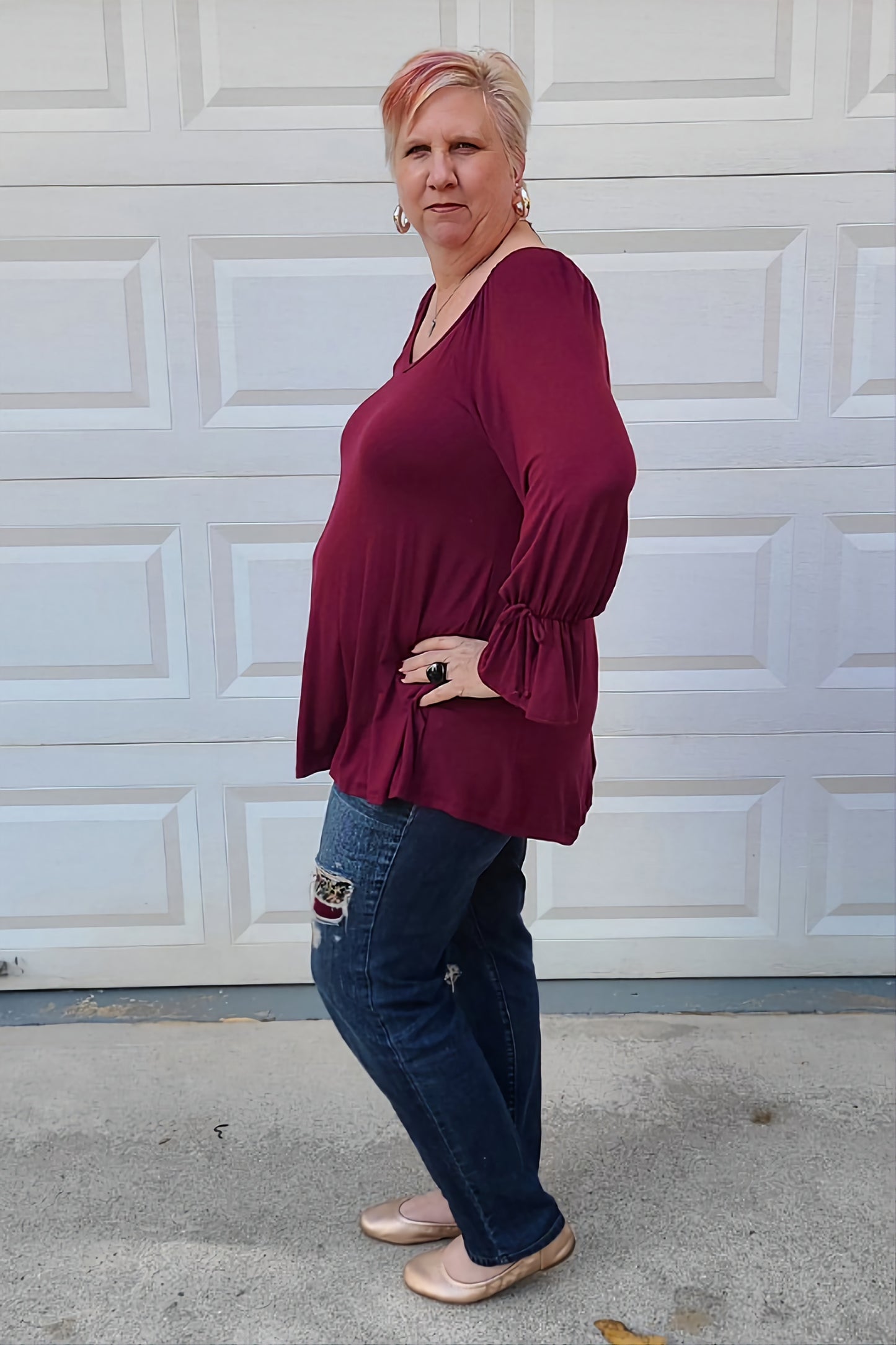 Long Flare Cuffed Sleeve Swing Top in Burgundy