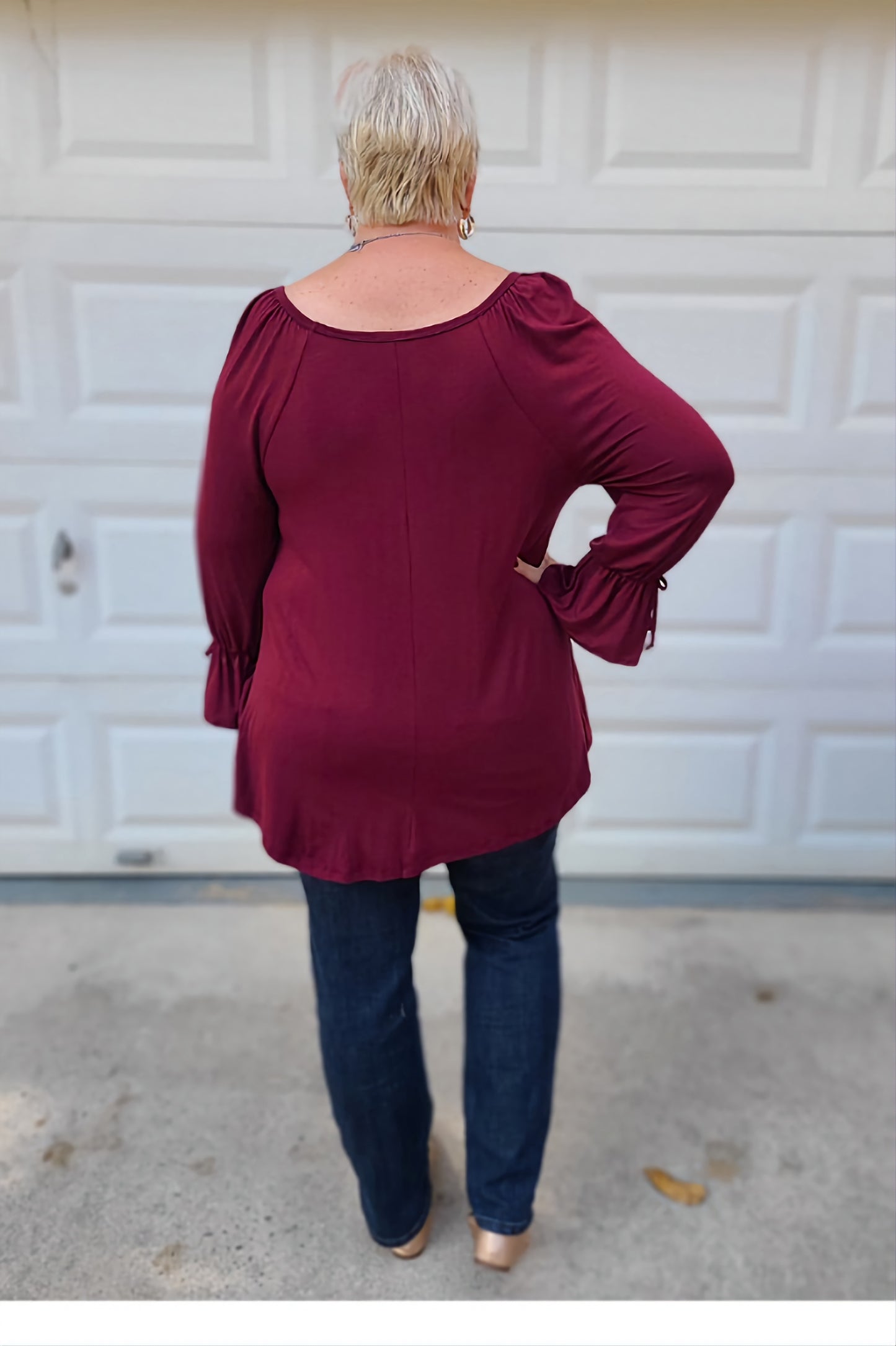 Long Flare Cuffed Sleeve Swing Top in Burgundy