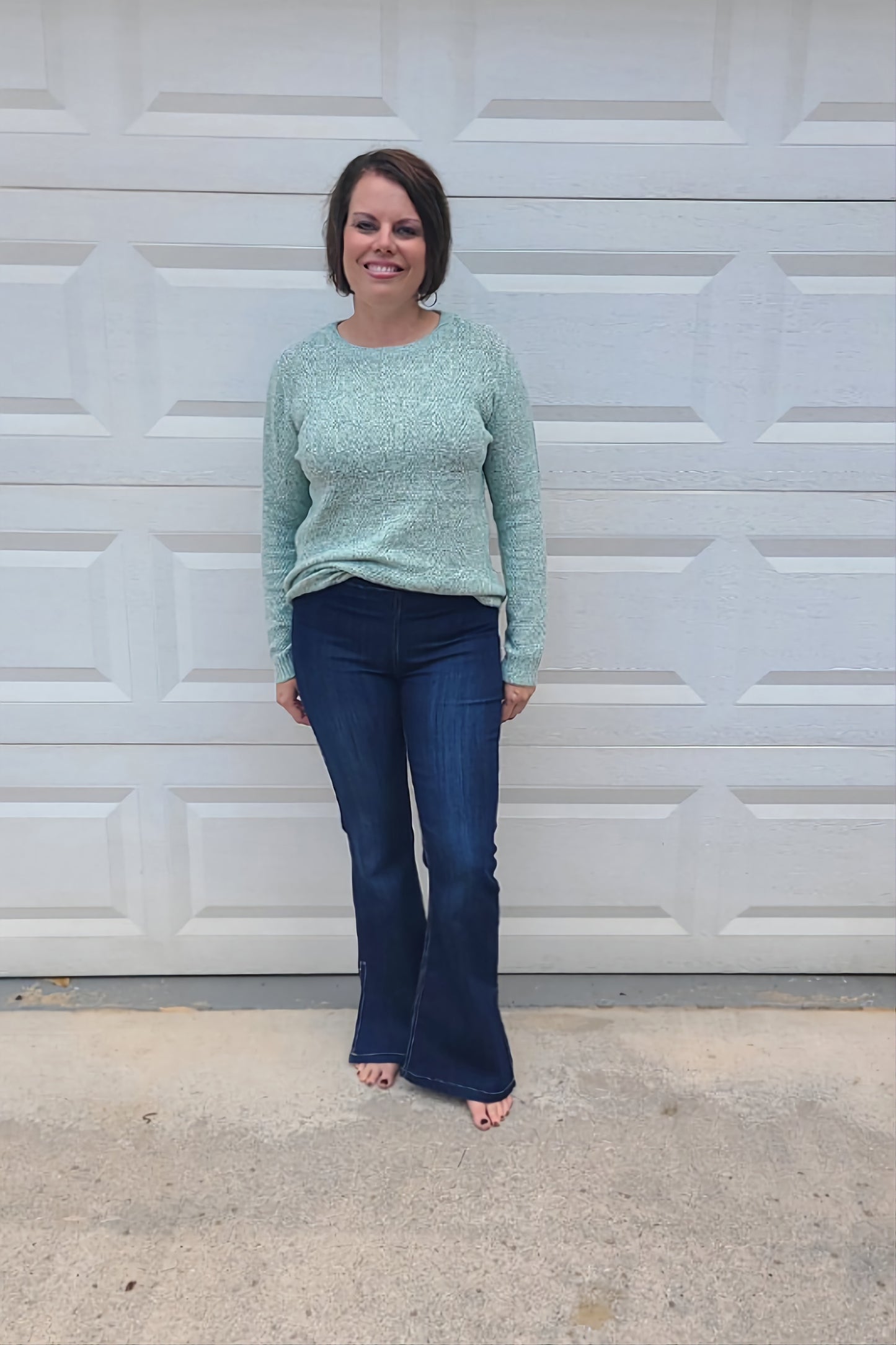 Mid- Rise Pull On Flare Jeans in Dark Denim