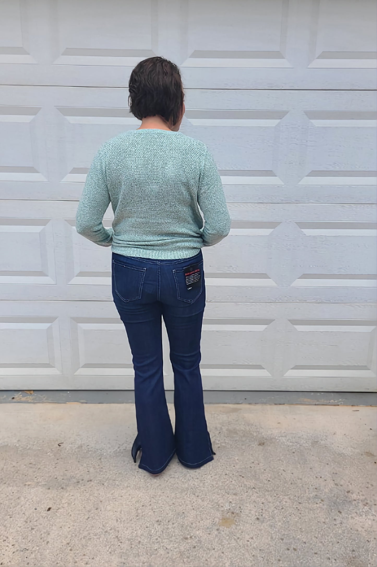 Mid- Rise Pull On Flare Jeans in Dark Denim