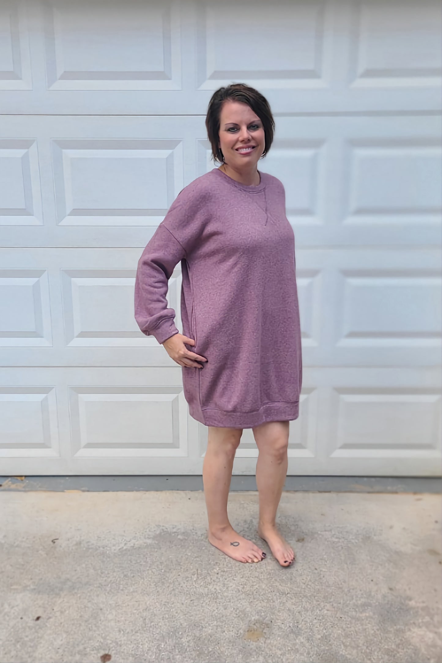 Long Balloon Sleeve Brush Knit French Terry Dress in Burgundy