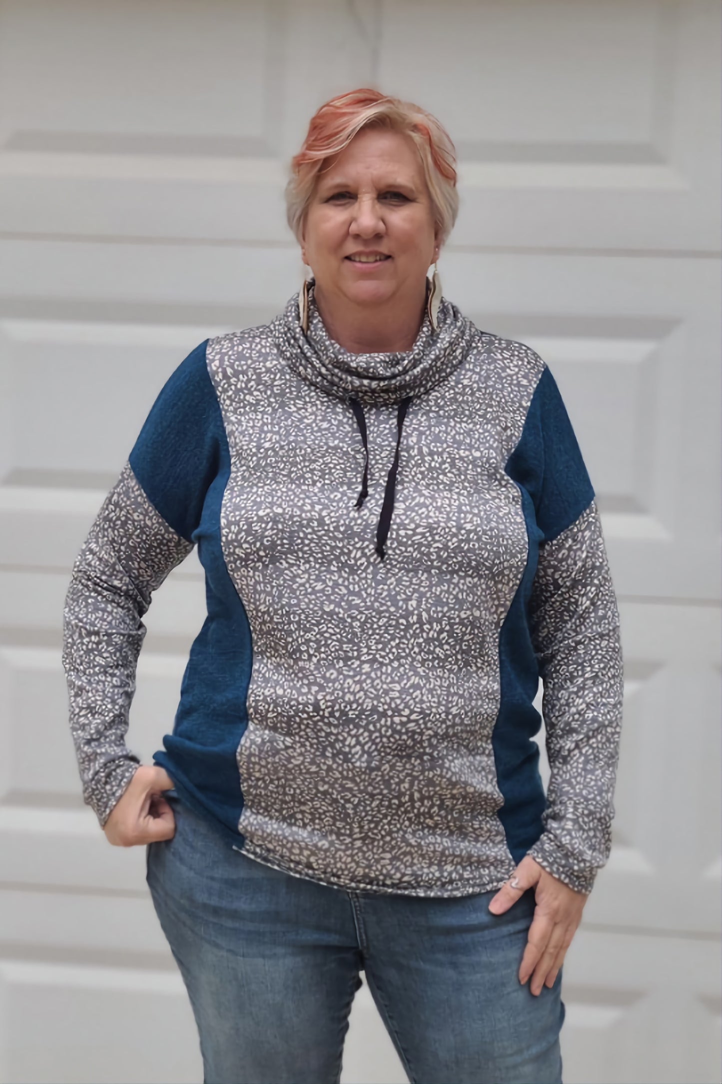 Cowl Neck Animal Print Top in Dark Teal