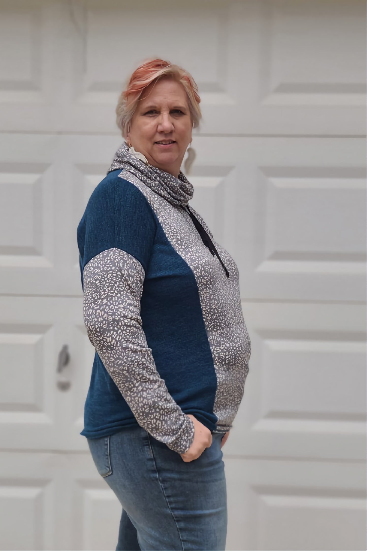 Cowl Neck Animal Print Top in Dark Teal