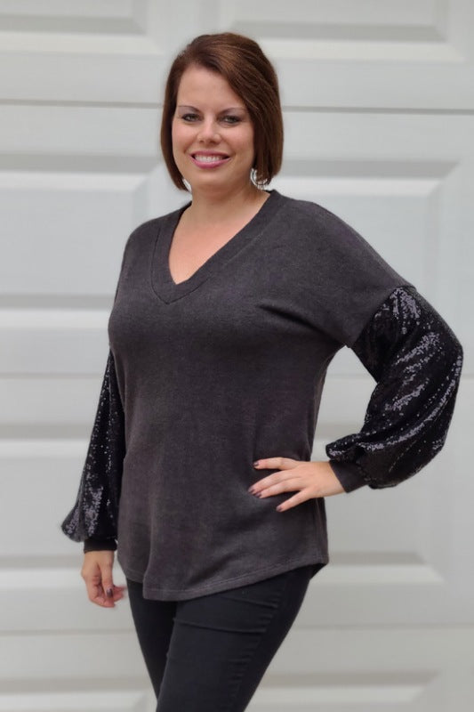 Sequin Balloon Sleeve Top in Charcoal