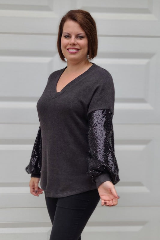 Sequin Balloon Sleeve Top in Charcoal