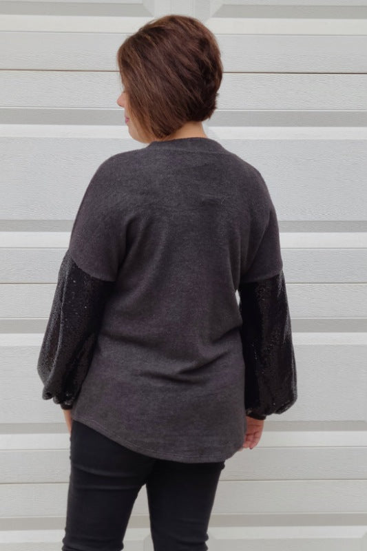 Sequin Balloon Sleeve Top in Charcoal