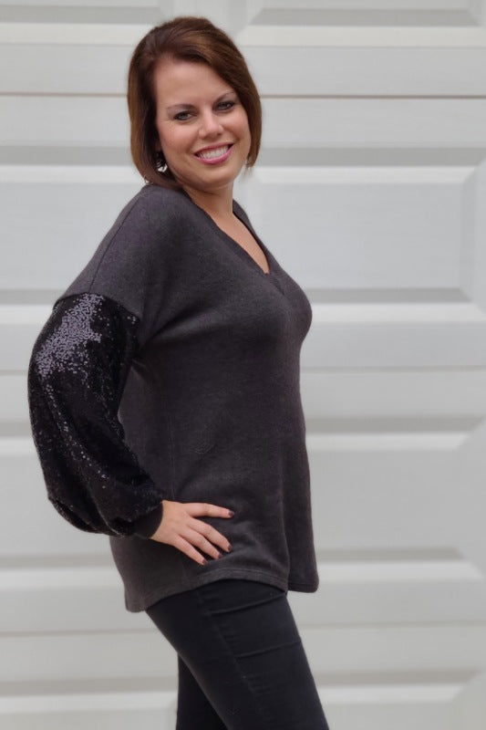 Sequin Balloon Sleeve Top in Charcoal