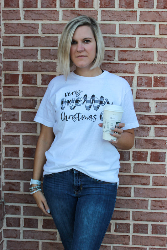 Very Merry Christmas Black Plaid Graphic Tee in White