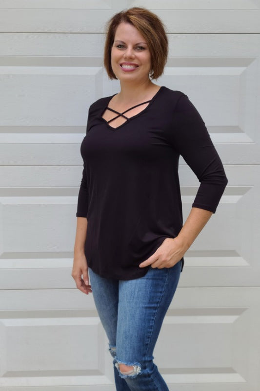 Micro Modal Criss Cross V-Neck Top in Black