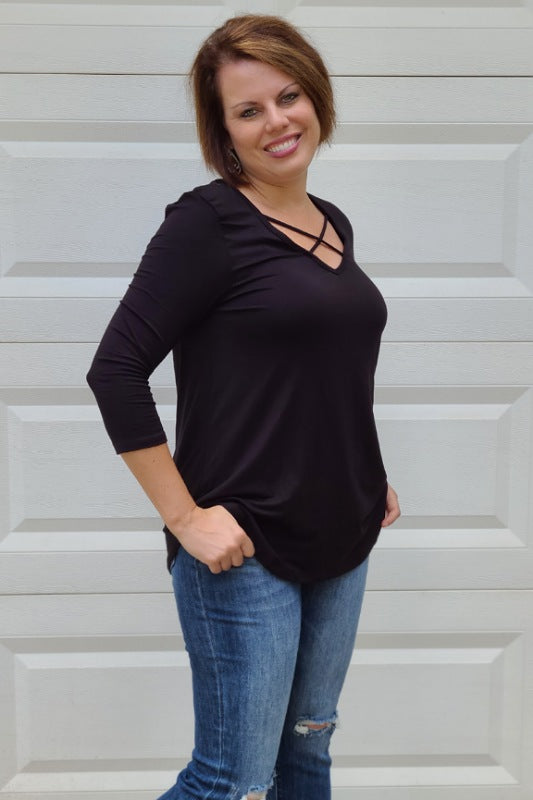 Micro Modal Criss Cross V-Neck Top in Black