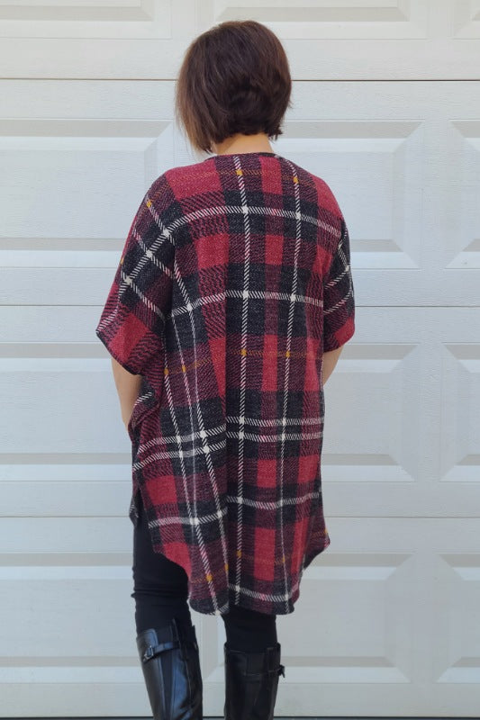 Plaid Open Cardigan in Black/Burgundy