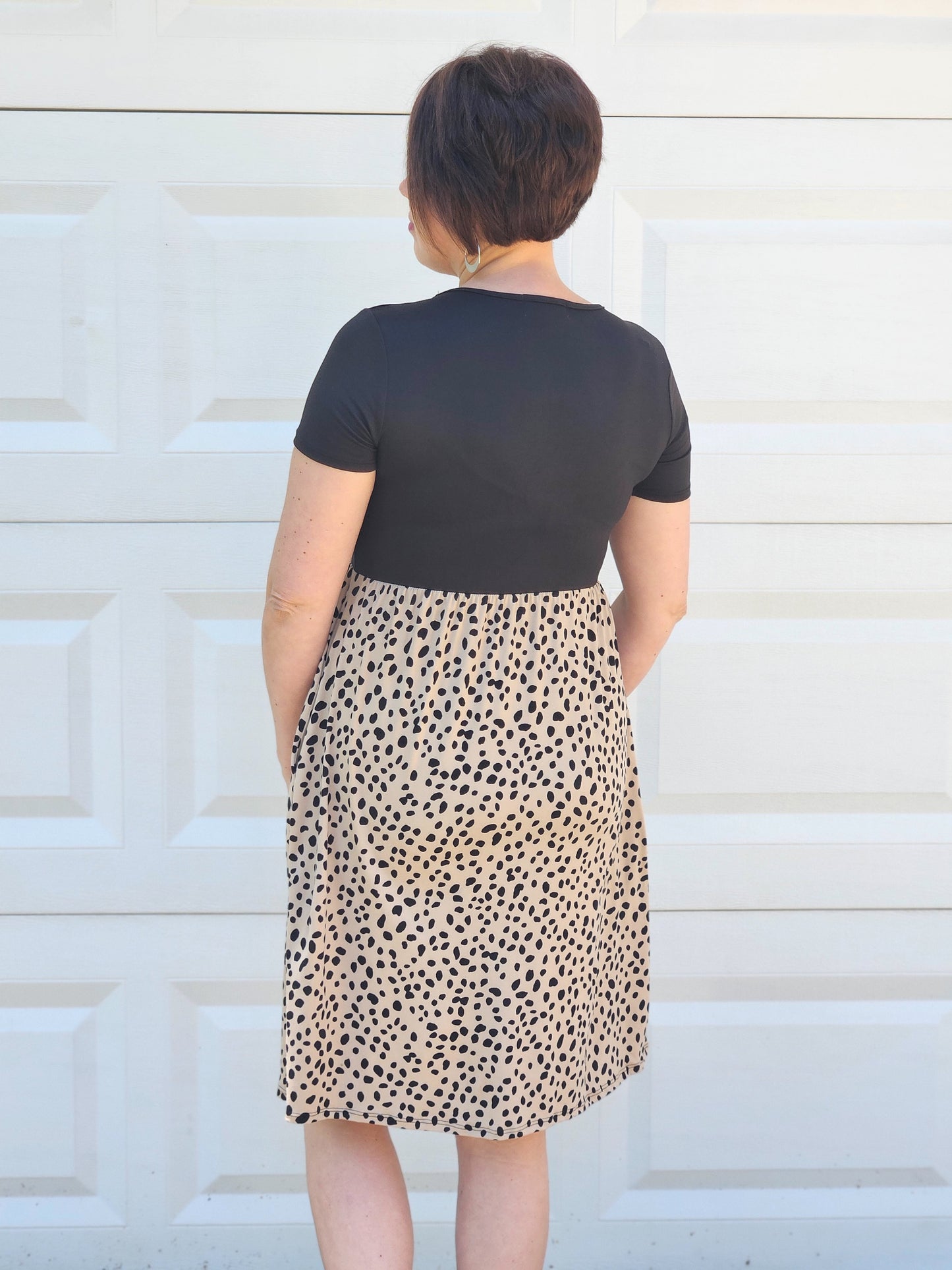 Empire Waist Animal Print Contrast Dress in Black and Khaki