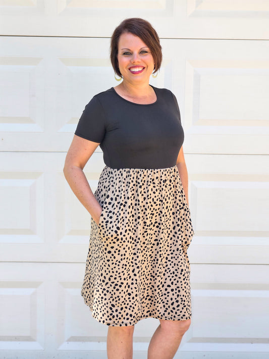 Empire Waist Animal Print Contrast Dress in Black and Khaki
