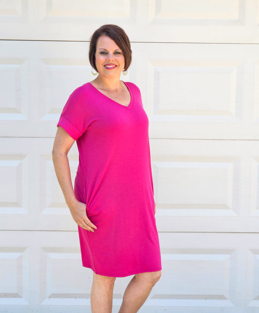 V-Neck T-Shirt Dress in Magenta