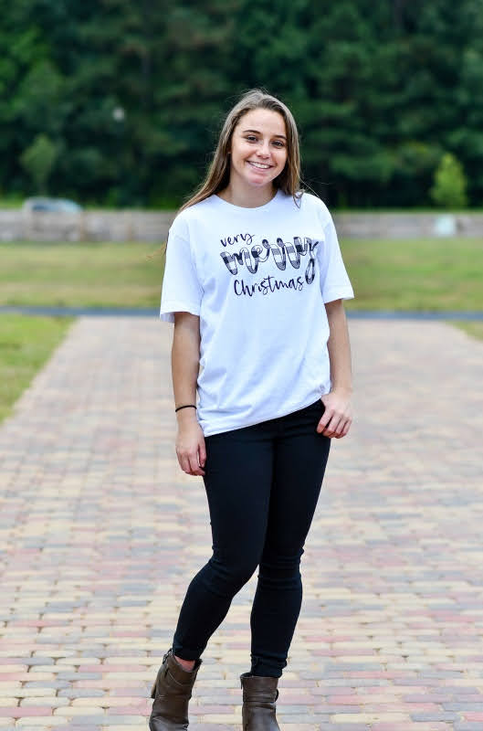 Very Merry Christmas Black Plaid Graphic Tee in White