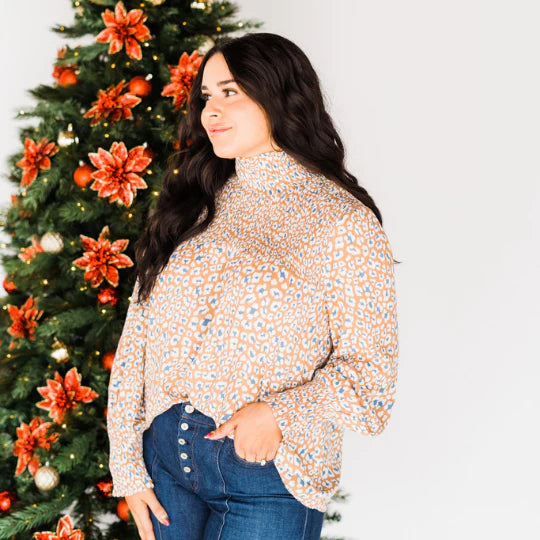 Leopard Print Smocked Top in Camel