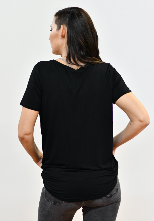 V-Neck Basic Short Sleeve Knit Top in Black