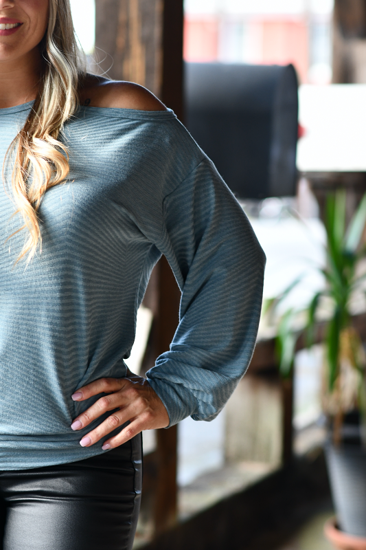 Cold Shoulder Ribbed Long Sleeve Top in Blue