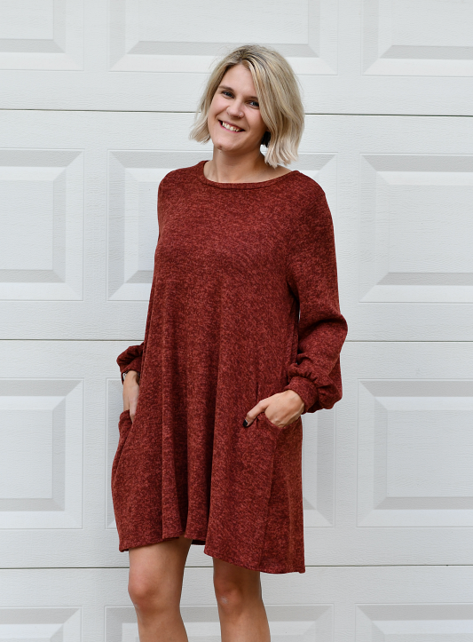 Brushed Hacci A-Line Dress in Rust Small Brushed Hacci A-Line Dress in Rust Small