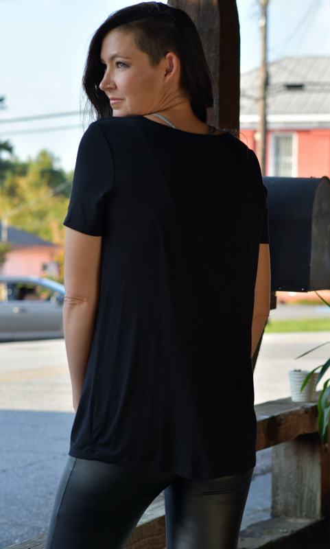 V-Neck Basic Short Sleeve Knit Top in Black