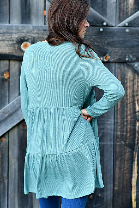 Long Sleeve Ribbed Open Cardigan in Teal
