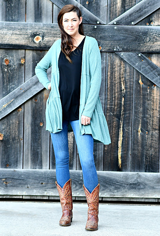 Long Sleeve Ribbed Open Cardigan in Teal