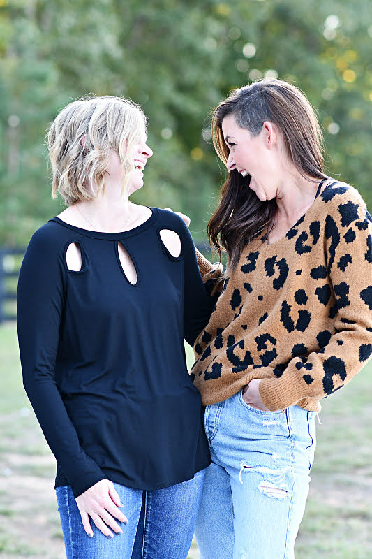 Keyhole Detail Silhouette Long Sleeve Top in Black