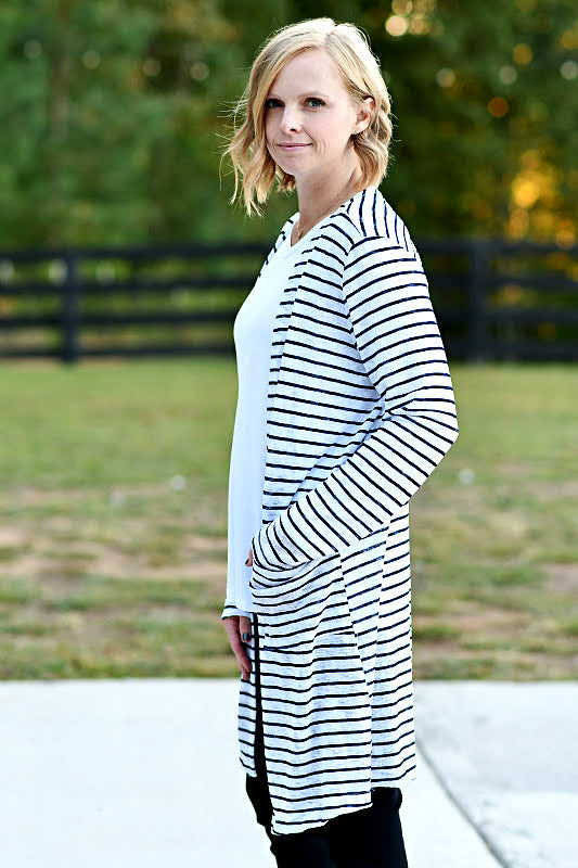 Lightweight Striped Open Knit Long Sleeve Cardigan in Navy/White