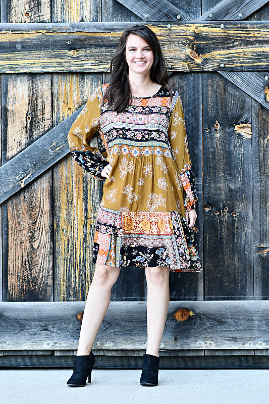 Floral Tiered Crew Neck Dress in Multi-Colored