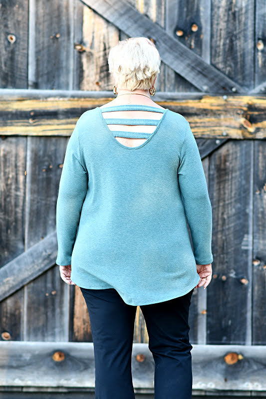 French Terry Open Back Strap Detail Top in Antique Blue