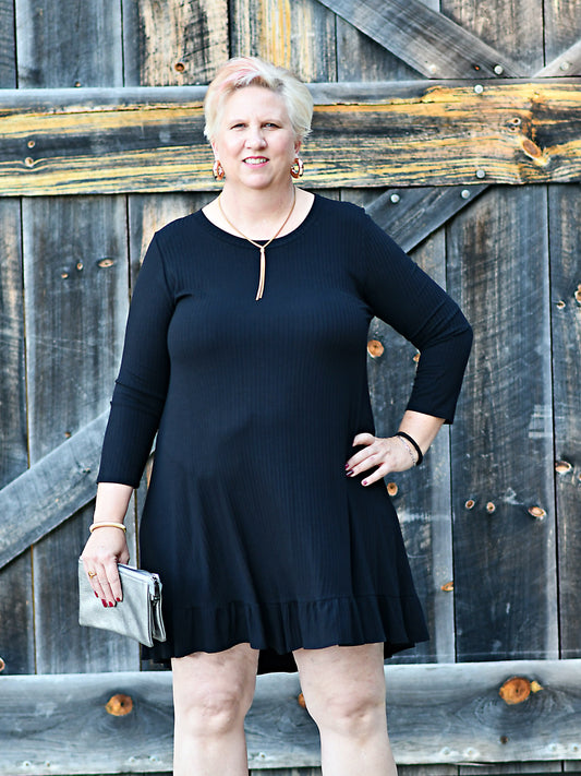 Dainty Ruffle Hem Ribbed Tunic Dress in Black