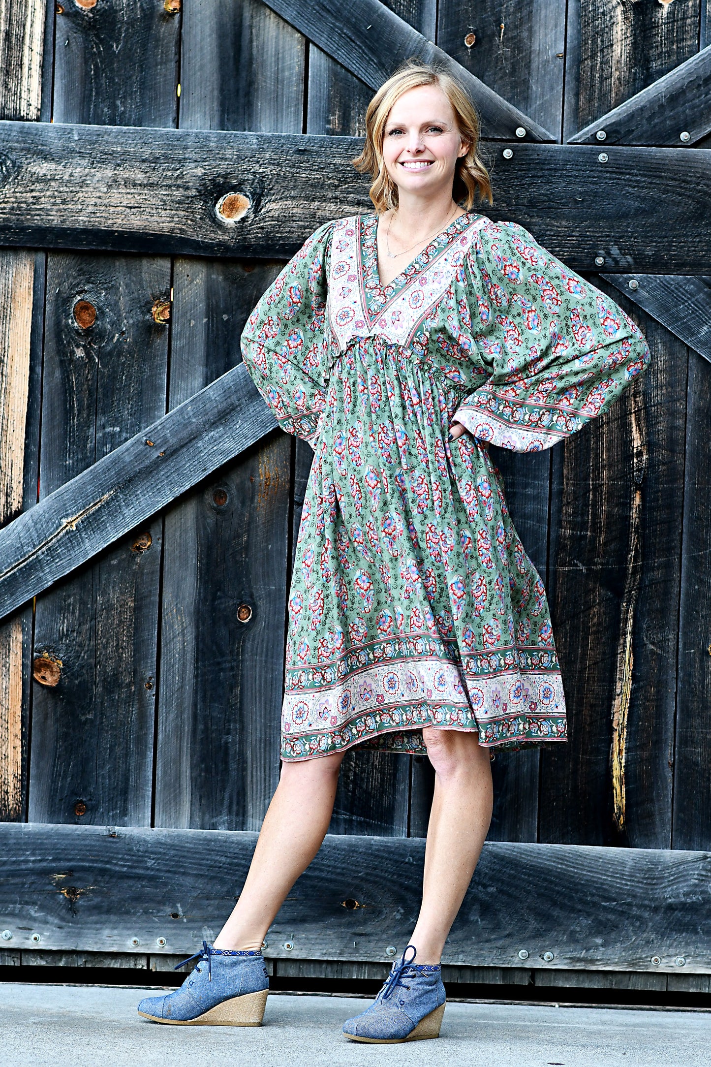 Border Floral Print Babydoll Midi Dress in Olive