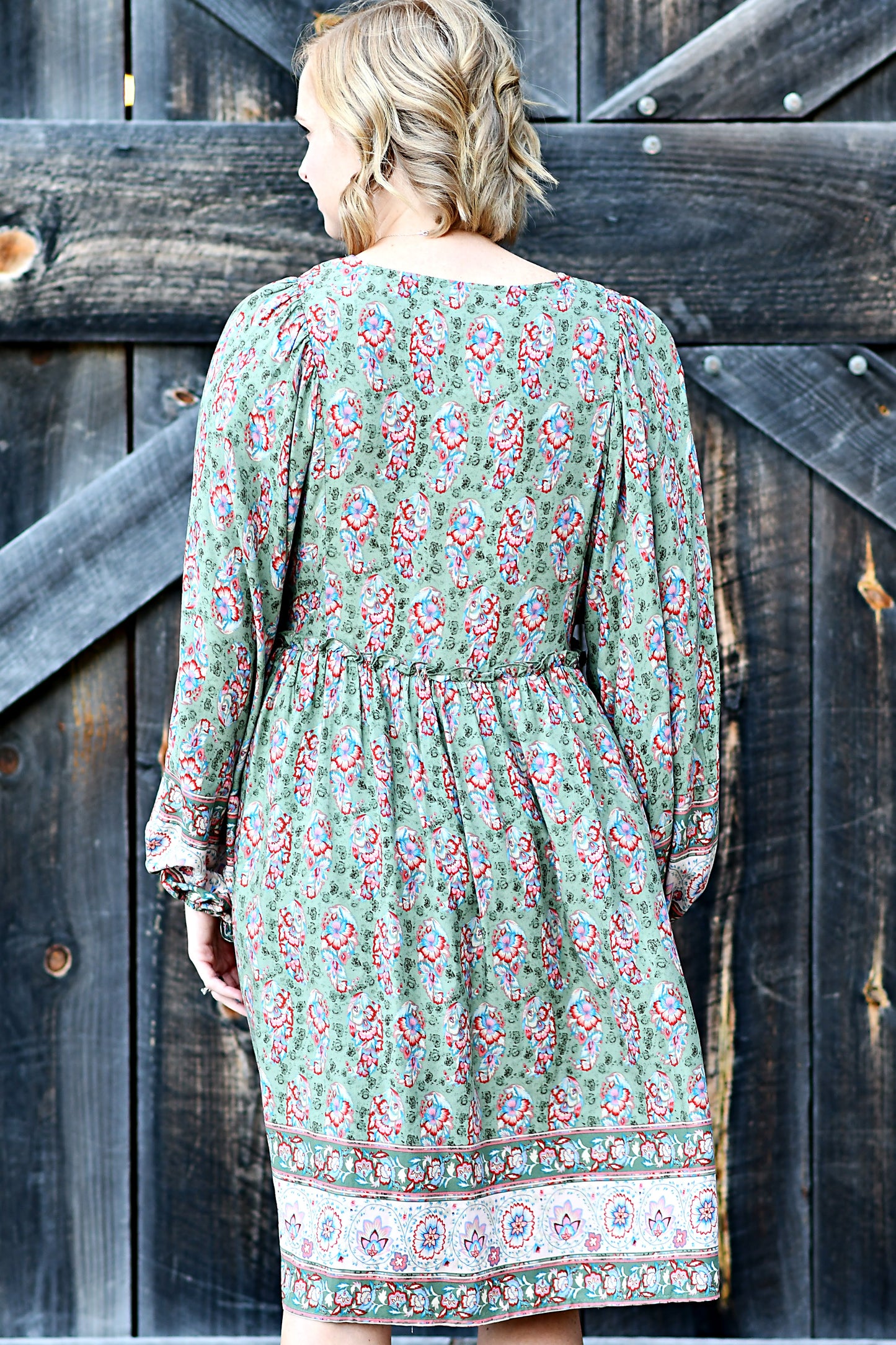 Border Floral Print Babydoll Midi Dress in Olive