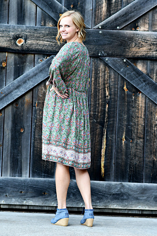Border Floral Print Babydoll Midi Dress in Olive