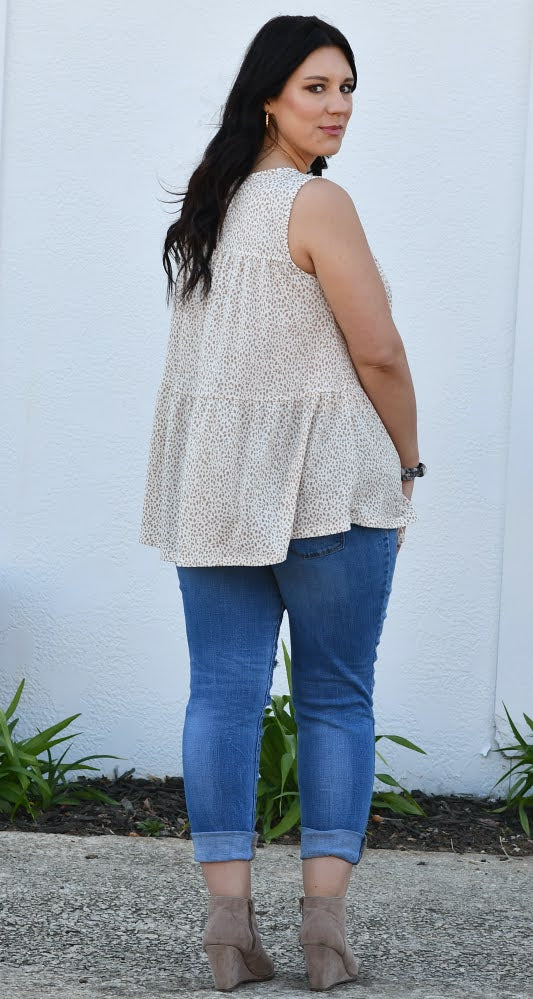 Sleeveless Animal Print Tiered Top in Taupe