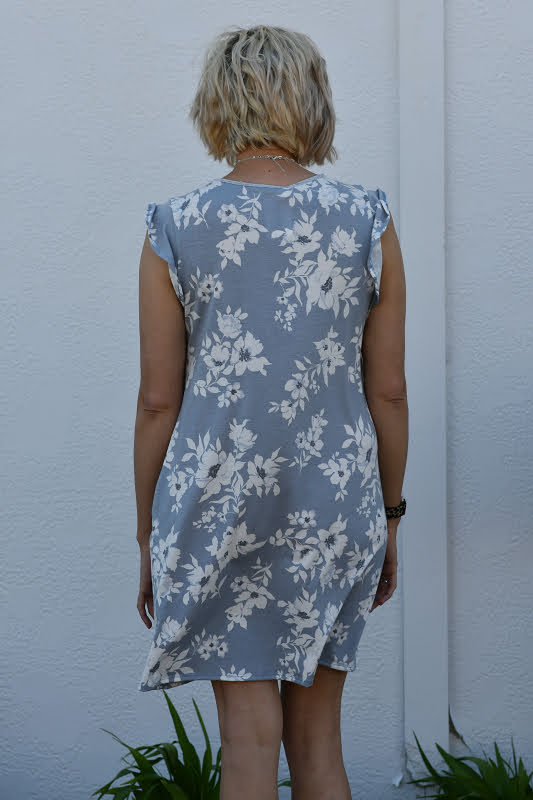 Swiss Dot Yoke Detail Floral Cap Sleeve Dress in Gray Blue
