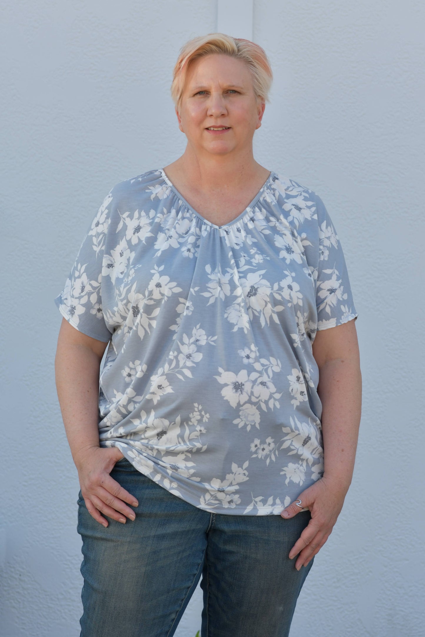 V-Neck Shirred Floral Dolman Top in Gray