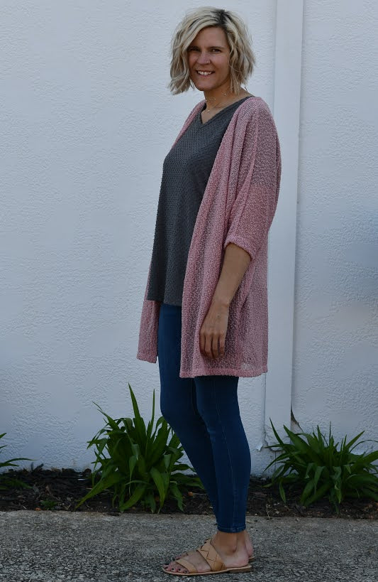 Popcorn Knit Open Front Cardigan in Rose