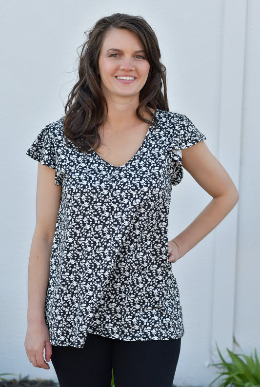 Criss Cross Back Detail Floral Top in Black/White