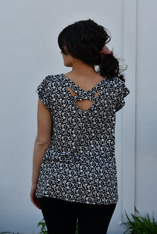 Criss Cross Back Detail Floral Top in Black/White
