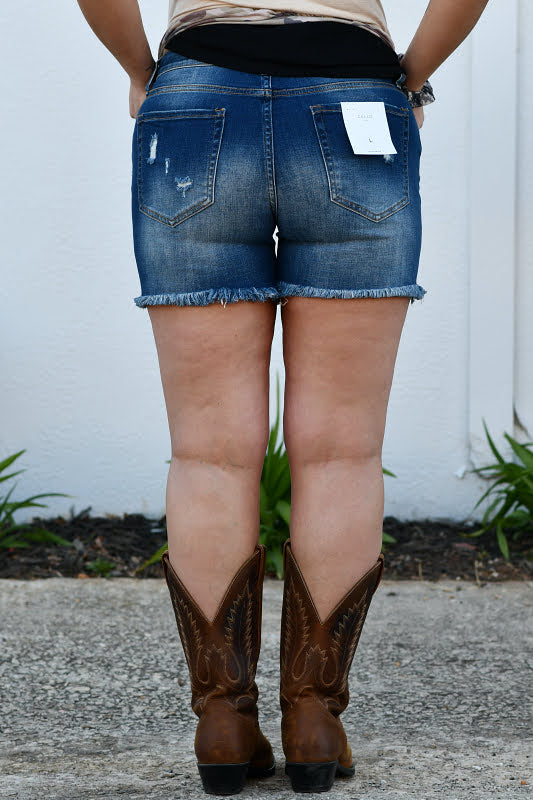 High Rise Distressed Frayed Hem Boyfriend Shorts in Dark Denim